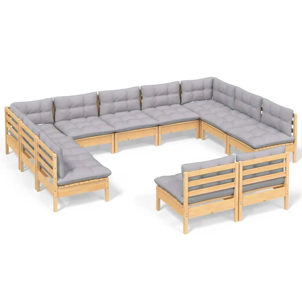 Garden Lounge Set 11 Piece Modular Outdoor Furniture Grey Cushions Pinewood