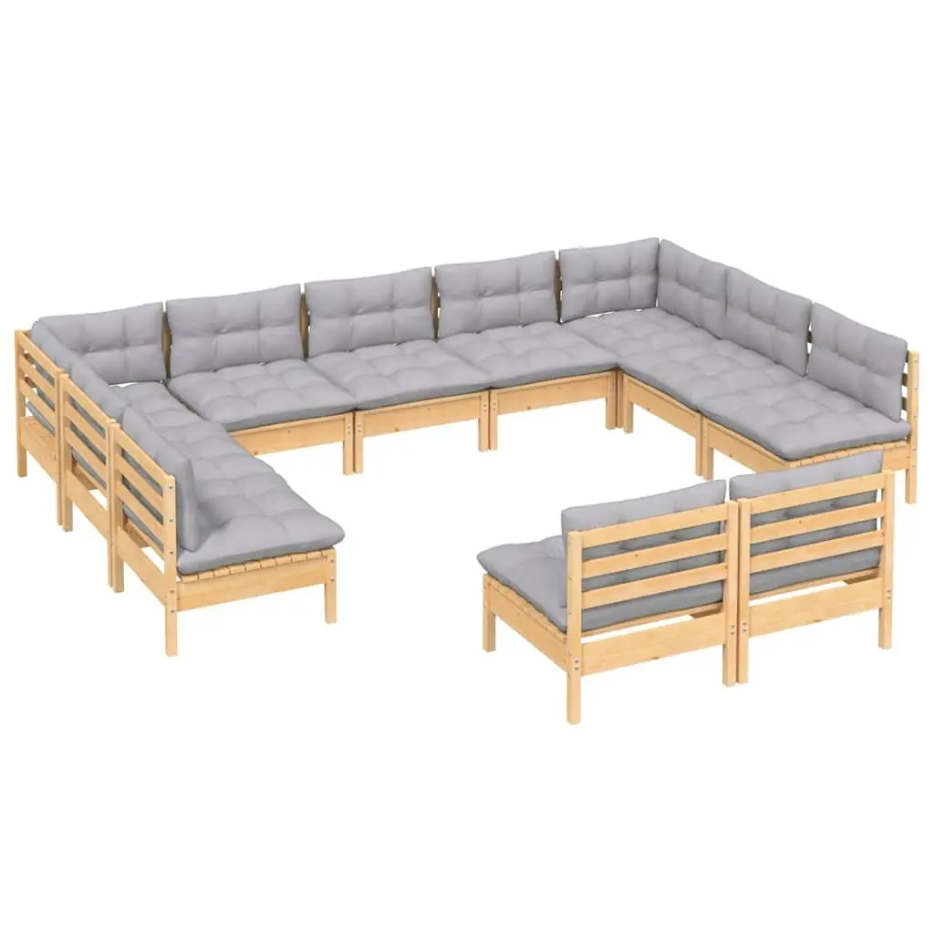 Garden Lounge Set 11 Piece Modular Outdoor Furniture Grey Cushions Pinewood