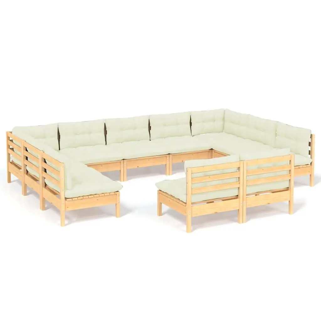Garden Lounge Set Cream 11 Piece Modular Solid Wood Furniture with Cushions