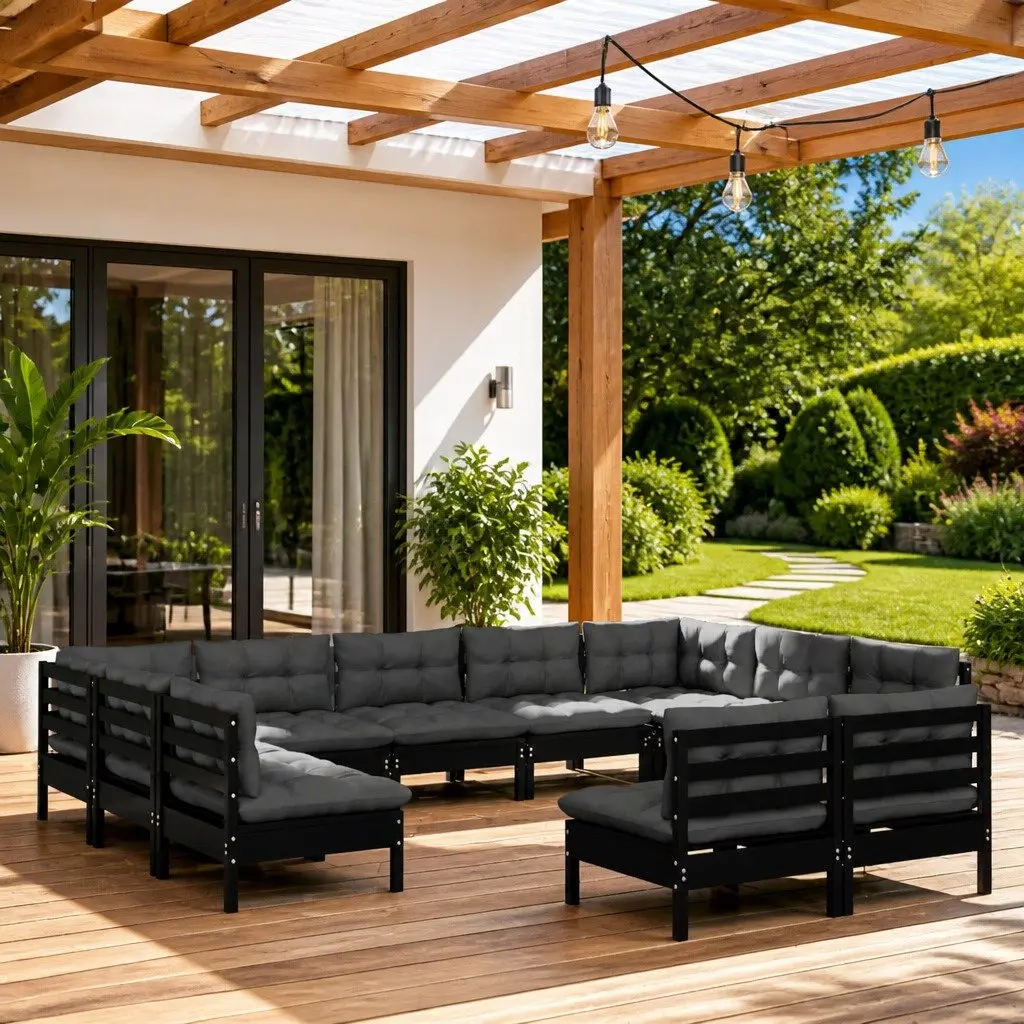 Garden Lounge Set Black 11 Piece Outdoor Patio Furniture Solid Pinewood with Cushions