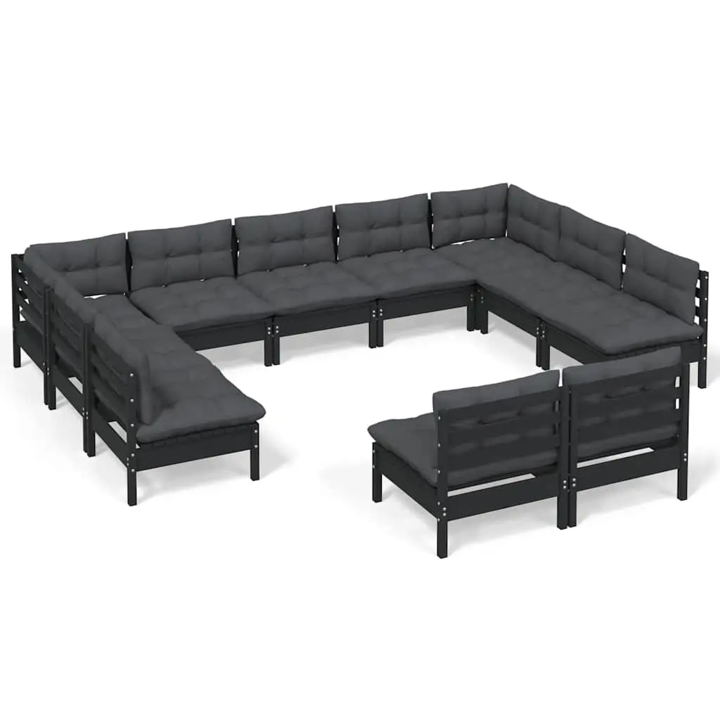 Garden Lounge Set Black 11 Piece Outdoor Patio Furniture Solid Pinewood with Cushions