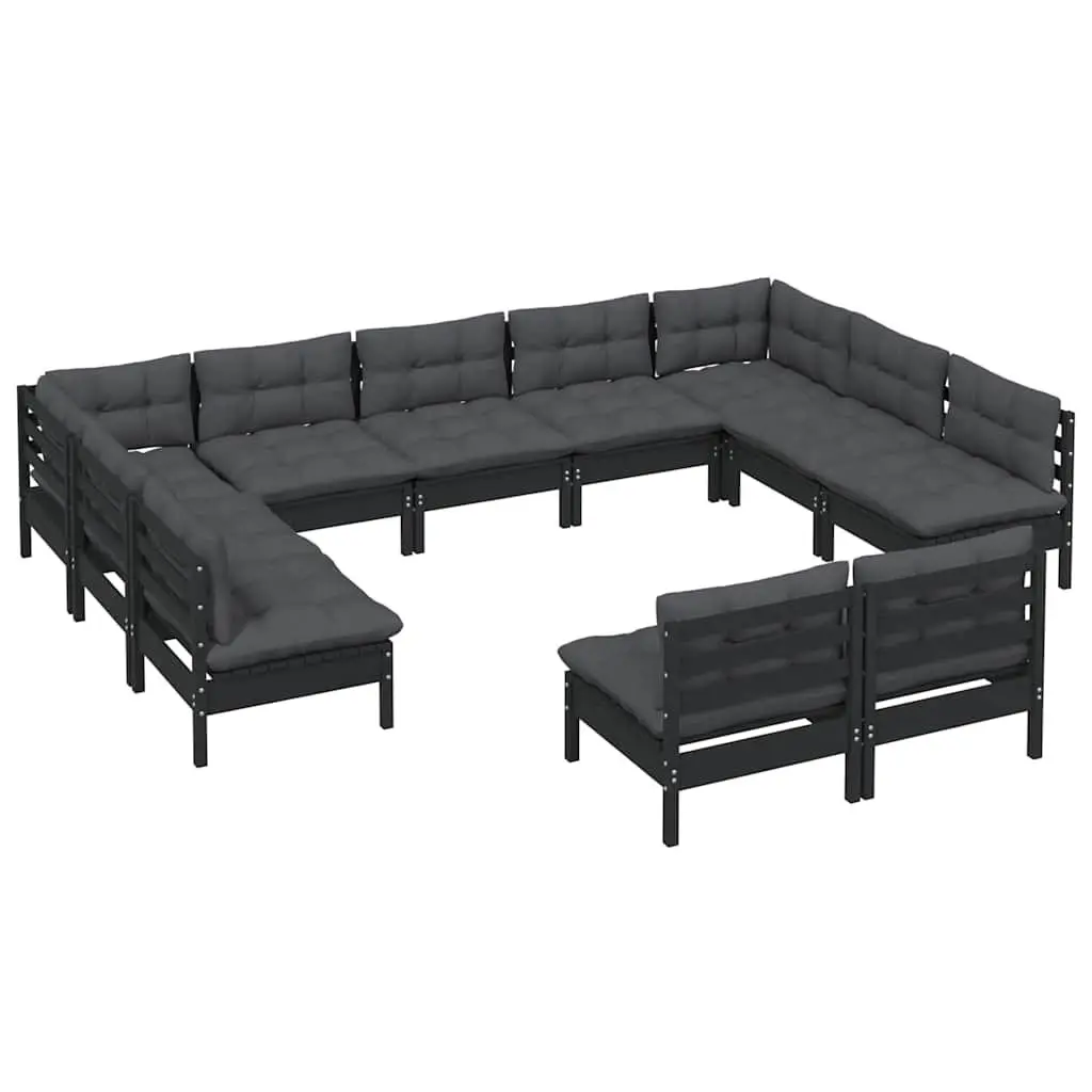 Garden Lounge Set Black 11 Piece Outdoor Patio Furniture Solid Pinewood with Cushions