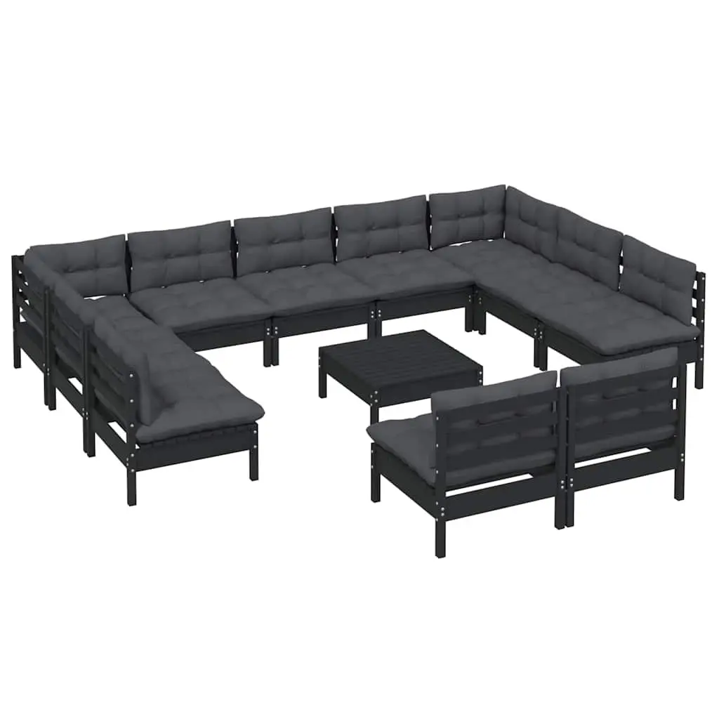 Garden Lounge Set Black 12 Piece Outdoor Furniture Solid Pinewood with Cushions