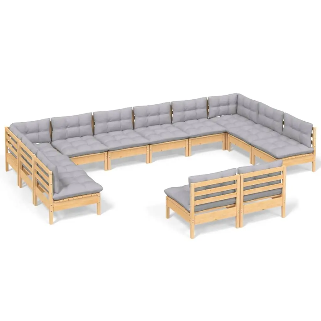 Garden Lounge Set 12 Piece Outdoor Patio Furniture Solid Pinewood Grey Cushions