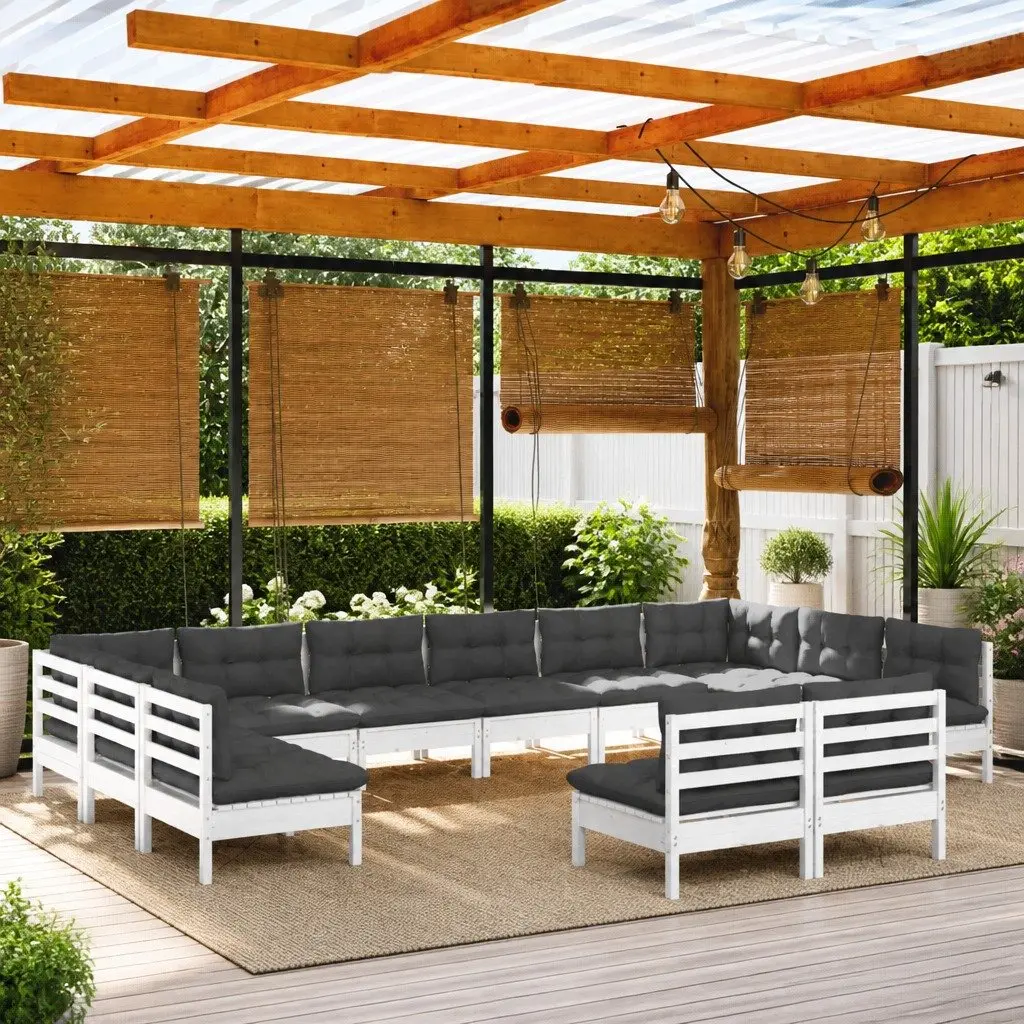 Garden Lounge Set White 12 Piece Solid Pinewood Modular Seating with Cushions