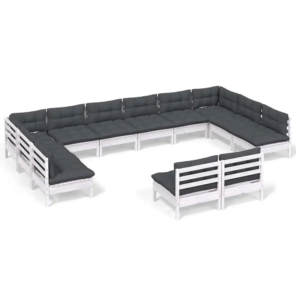 Garden Lounge Set White 12 Piece Solid Pinewood Modular Seating with Cushions