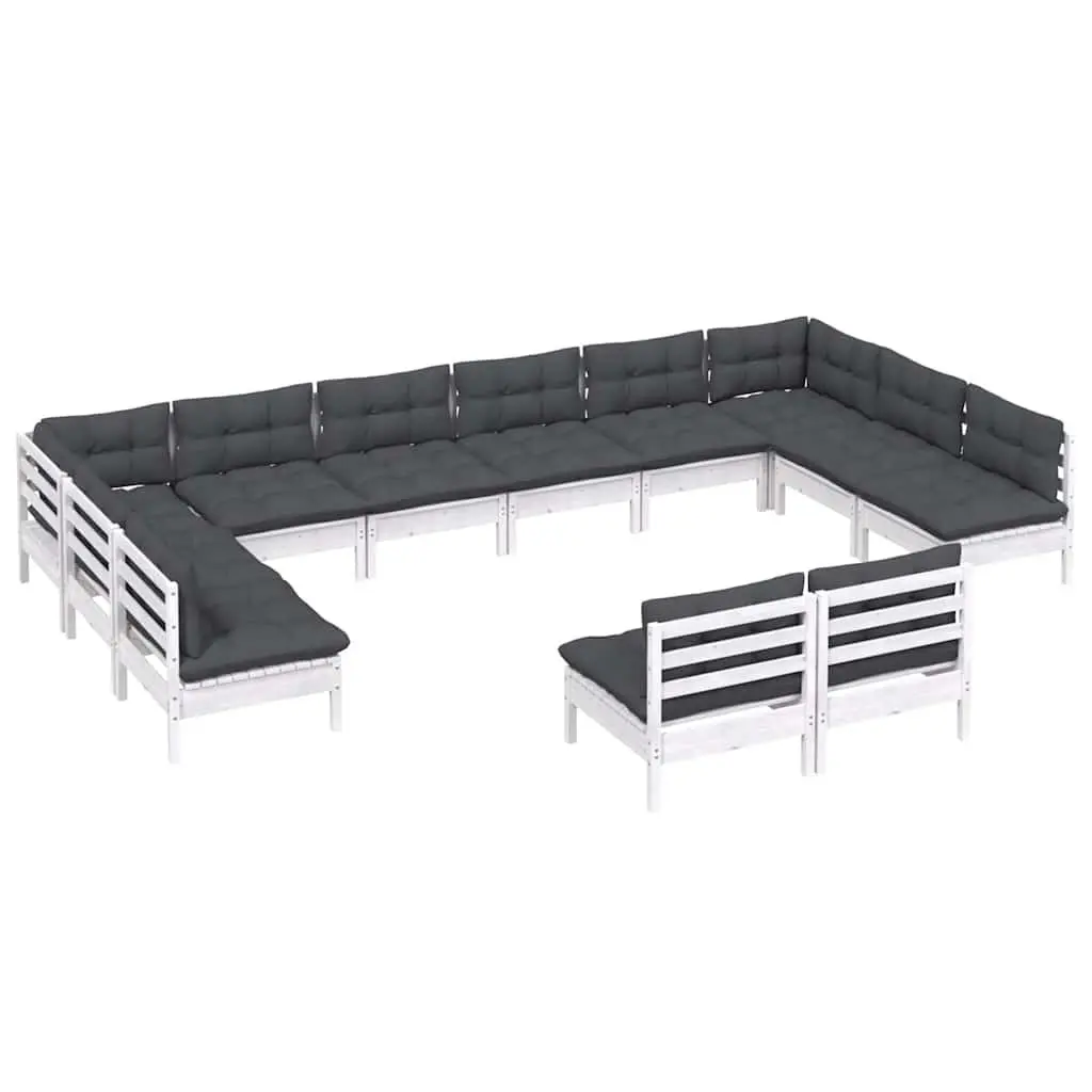 Garden Lounge Set White 12 Piece Solid Pinewood Modular Seating with Cushions