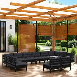 Garden Lounge Set 12 Piece Outdoor Patio Furniture Black Pinewood with Cushions