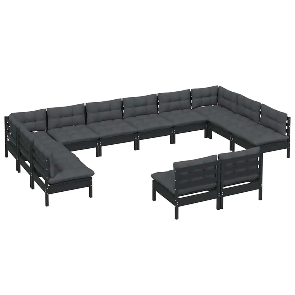 Garden Lounge Set Black 12 Piece Outdoor Patio Furniture Solid Pinewood with Cushions