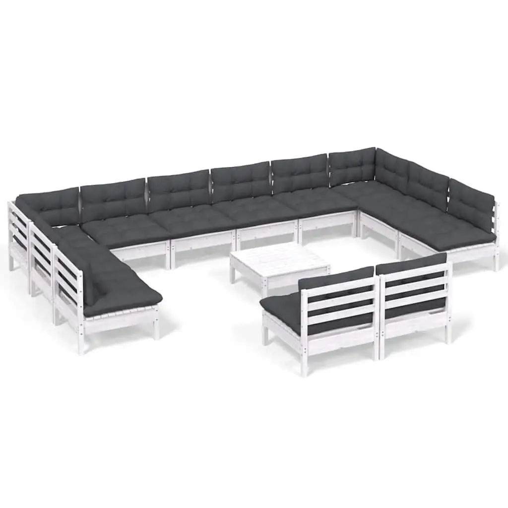 Garden Lounge Set 13 Piece White Solid Pinewood Patio Furniture with Cushions