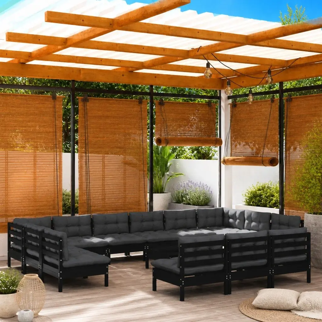 Garden Lounge Set Black 14 Piece Outdoor Patio Furniture with Cushions Pinewood