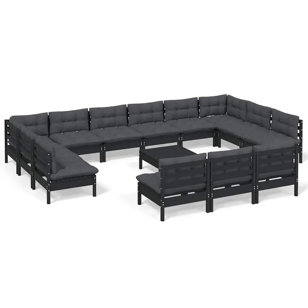 Garden Lounge Set Black 14 Piece Outdoor Patio Furniture with Cushions Pinewood