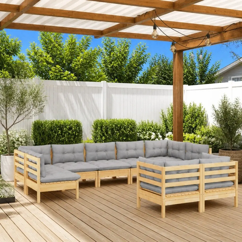 Garden Lounge Set 9 Piece Outdoor Patio Furniture with Grey Cushions Pinewood