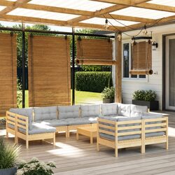 Garden Lounge Set 10 Piece Solid Pinewood Patio Furniture Grey Cushions Modular