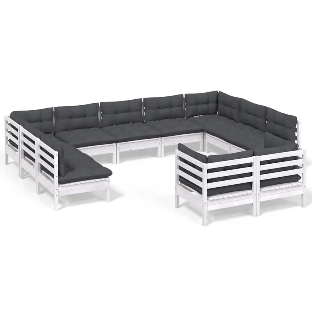 Garden Lounge Set 11 Piece White Solid Pinewood Patio Furniture with Cushions