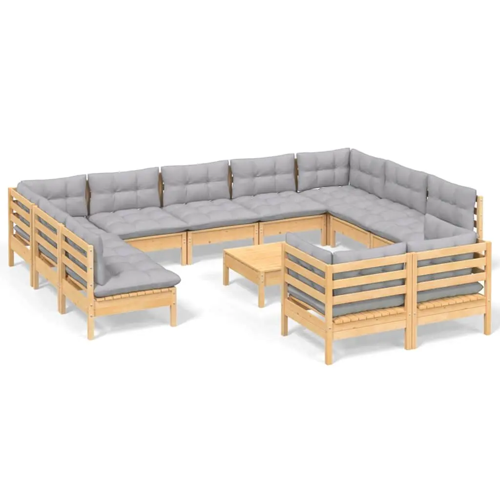 Garden Lounge Set 12 Piece Outdoor Patio Furniture Grey Cushions Pinewood
