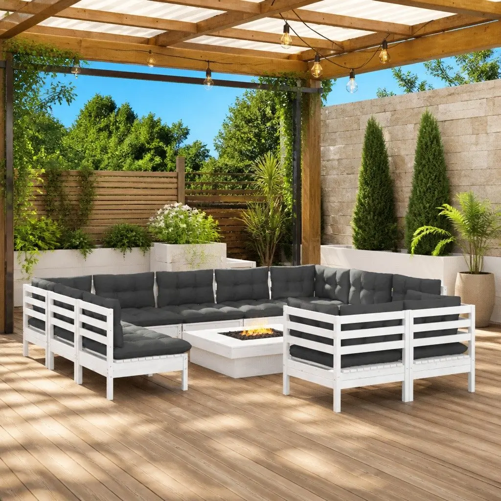 Garden Lounge Set White 12 Piece Outdoor Furniture Solid Pinewood with Cushions