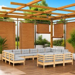 Compact 13 Piece Wooden Lounge Set with Grey Cushions