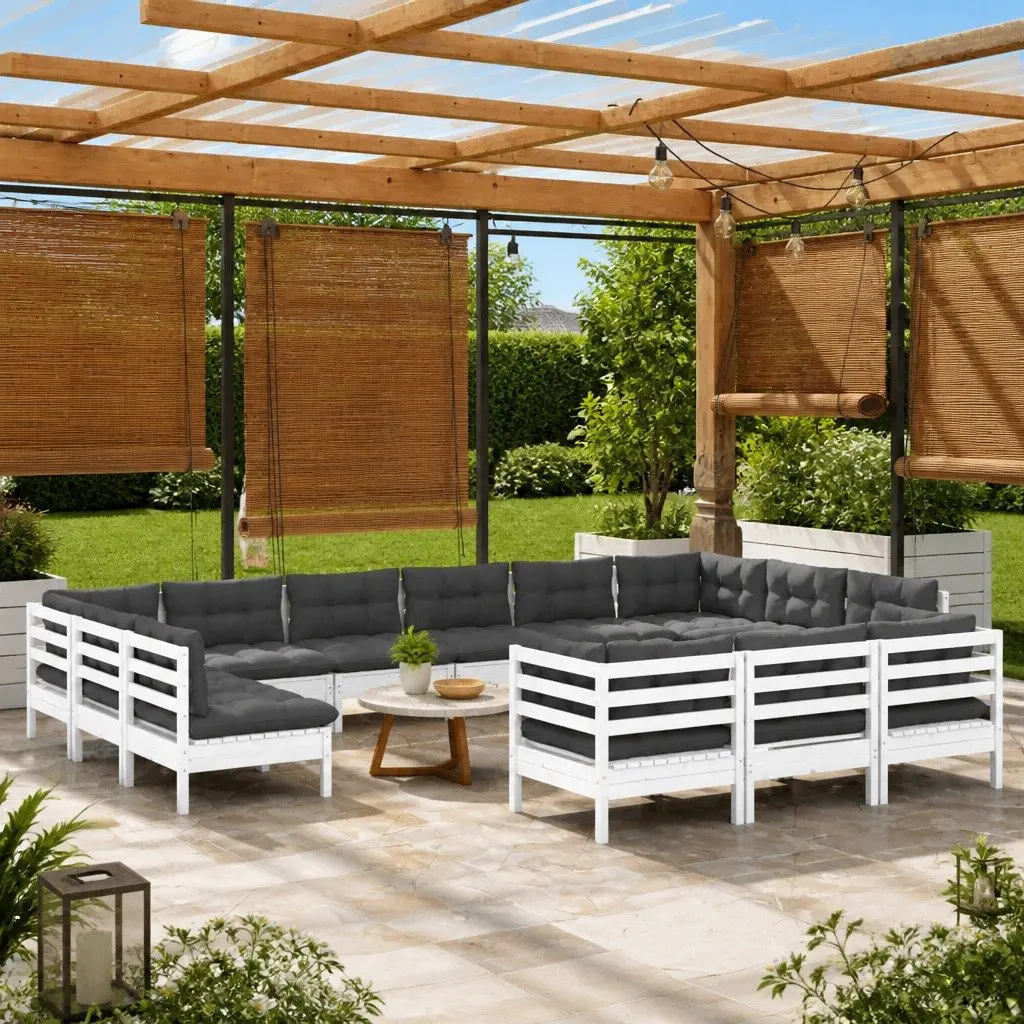 Garden Lounge Set White 13 Piece Pinewood Modular Patio Furniture with Cushions