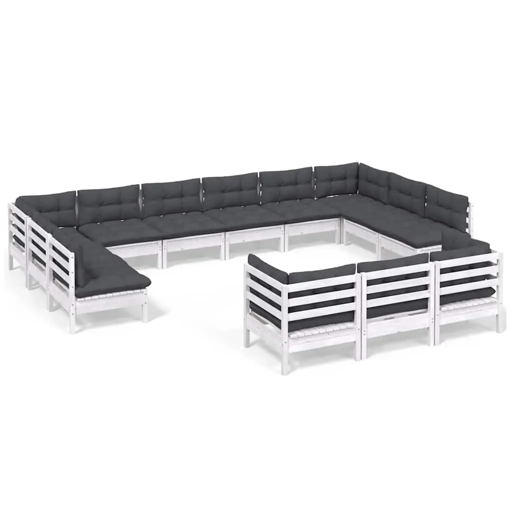 Garden Lounge Set White 13 Piece Pinewood Modular Patio Furniture with Cushions