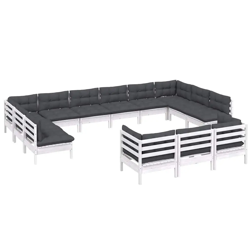 Garden Lounge Set White 13 Piece Pinewood Modular Patio Furniture with Cushions