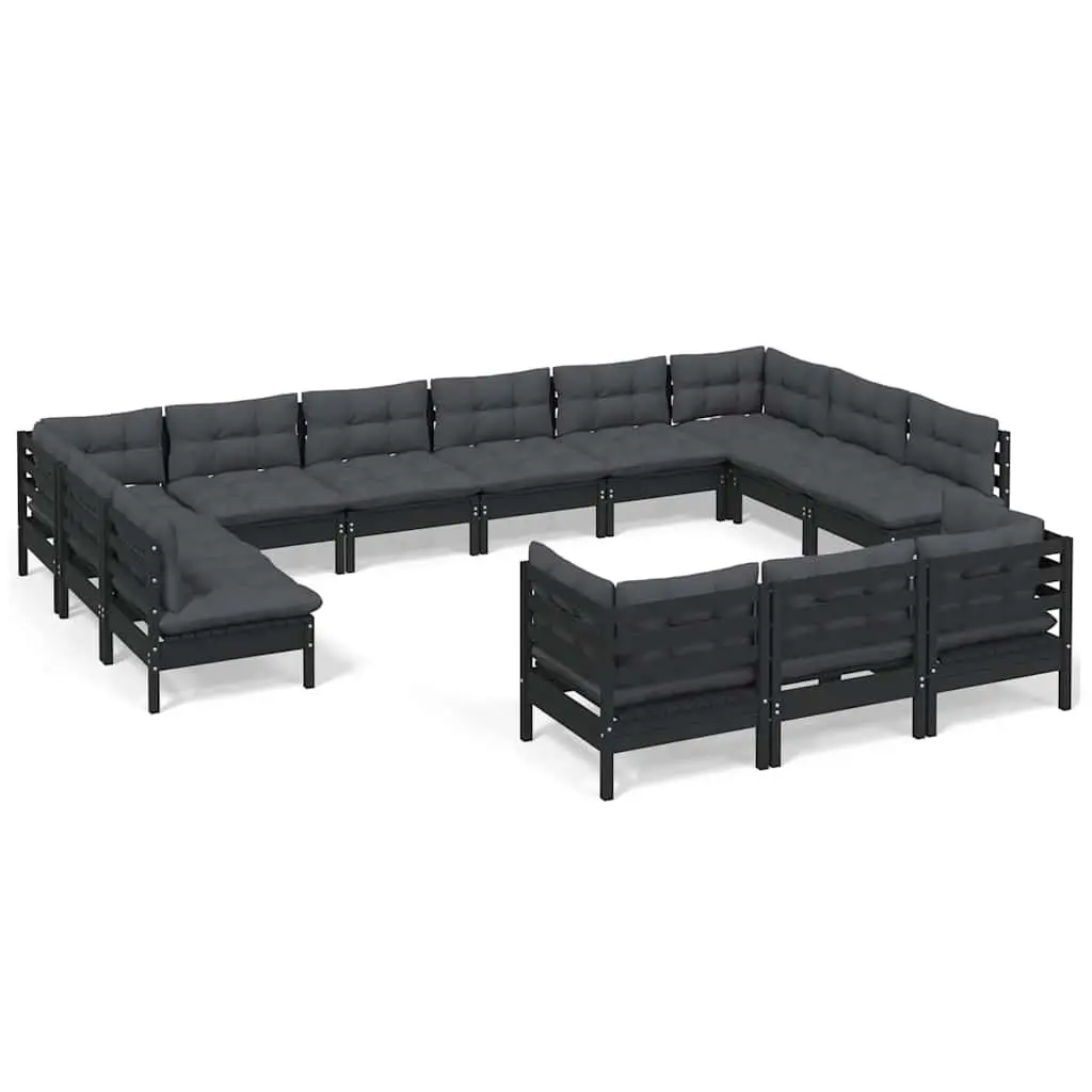 Garden Lounge Set 13 Pieces Black Pinewood Outdoor Patio Furniture with Cushions