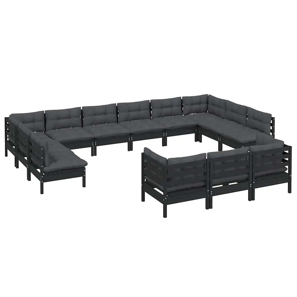 Garden Lounge Set 13 Pieces Black Pinewood Outdoor Patio Furniture with Cushions