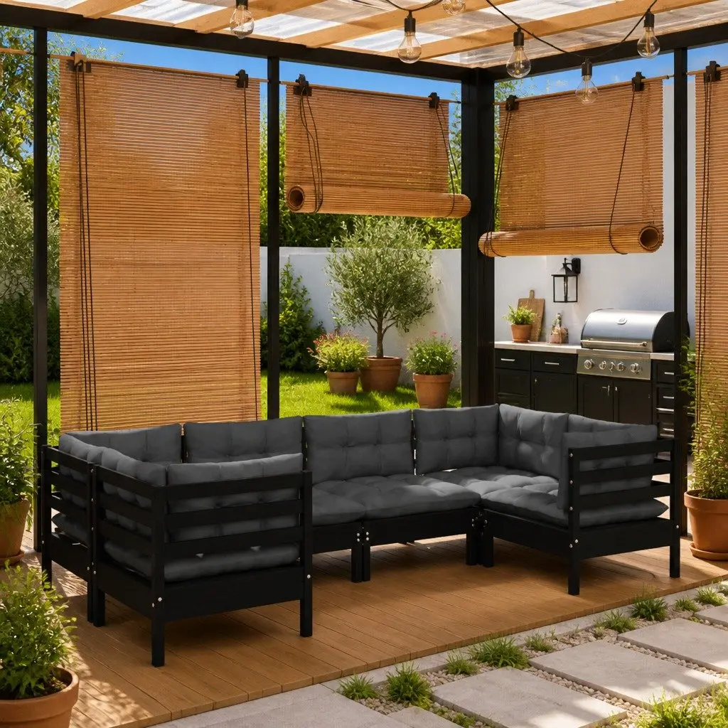 Garden Lounge Set Black 6 Piece Pinewood Outdoor Furniture with Cushions