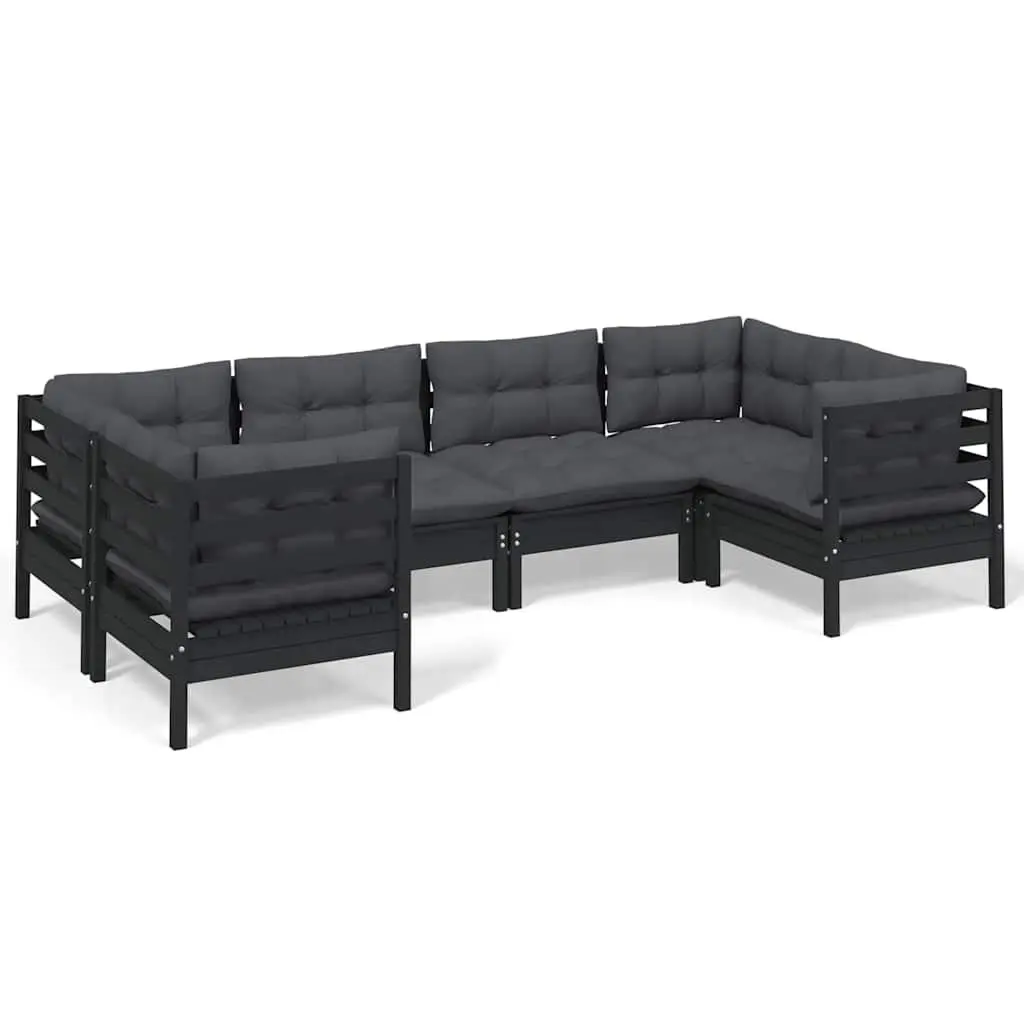 Garden Lounge Set Black 6 Piece Pinewood Outdoor Furniture with Cushions