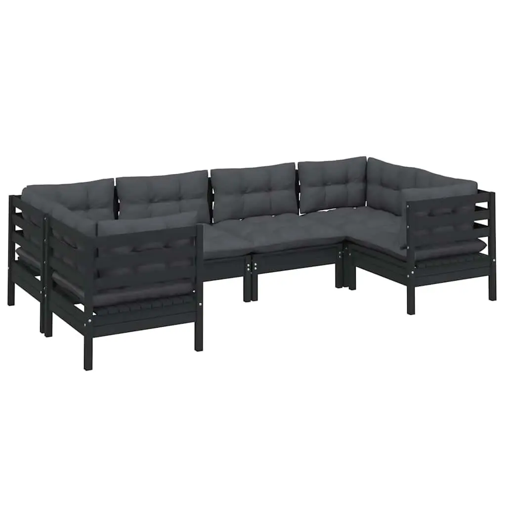 Garden Lounge Set Black 6 Piece Pinewood Outdoor Furniture with Cushions