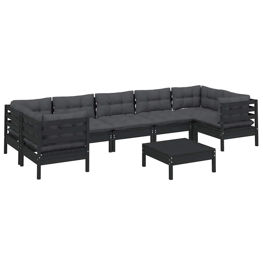 Garden Lounge Set Black 8 Piece Outdoor Furniture Pinewood with Cushions Modular