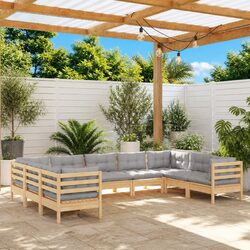 Garden Lounge Set 9 Piece Outdoor Patio Furniture Grey Cushions Pinewood