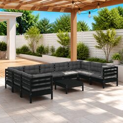 Compact 10-Piece Black Pinewood Lounge Set for Outdoor Spaces