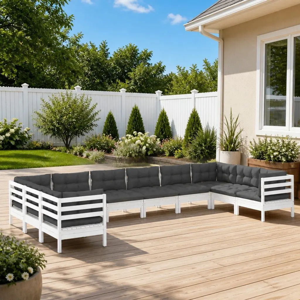 Garden Lounge Set 10 Piece Outdoor Patio Furniture White Pinewood with Cushions