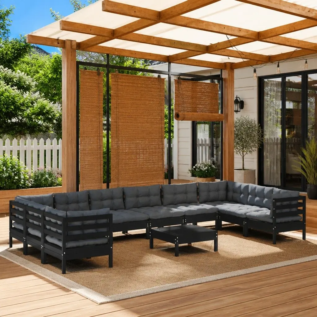 Garden Lounge Set Black 11 Piece Outdoor Furniture Pinewood with Cushions