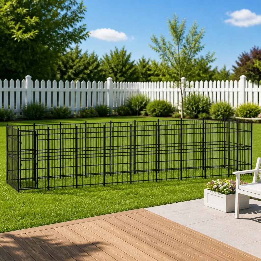 Outdoor Dog Kennel Black Large Steel Enclosure Ventilated