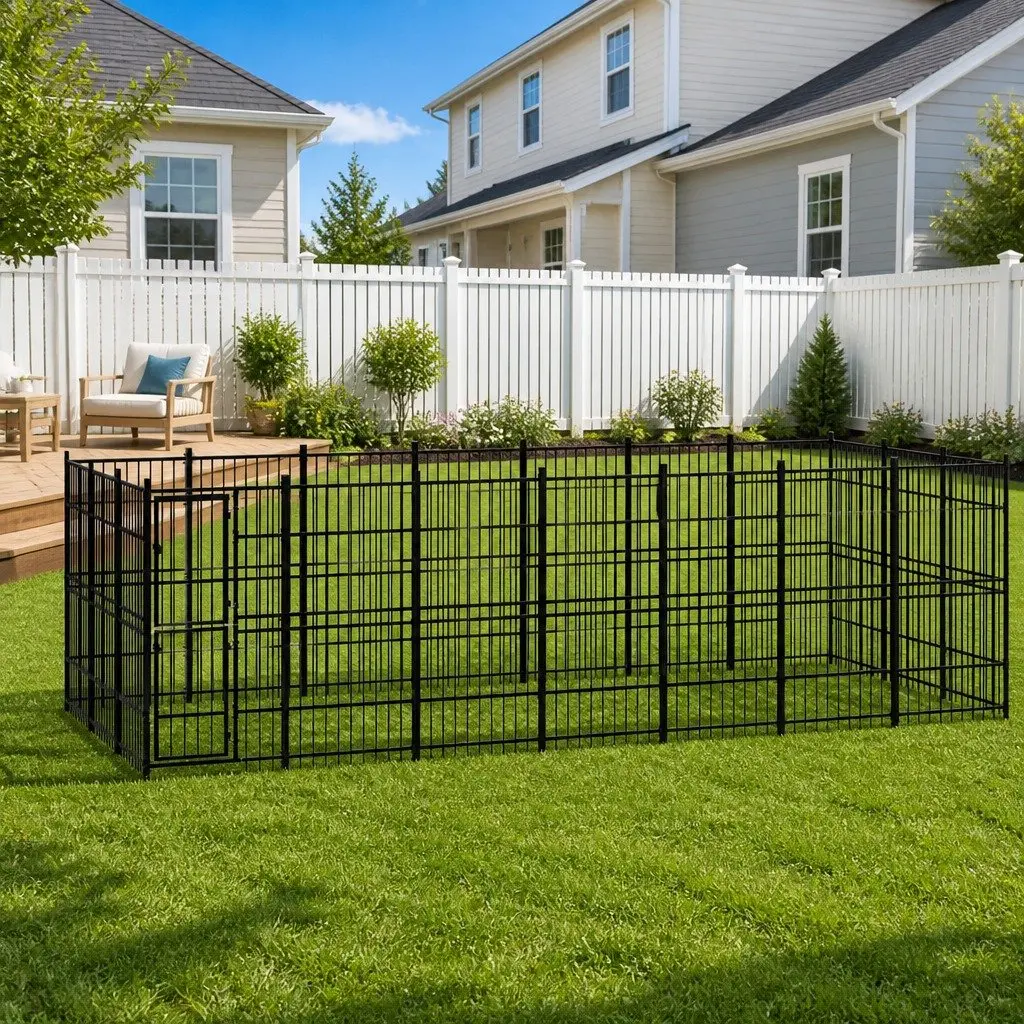 Dog Kennel Black Steel Outdoor Run Enclosure Exercise Pen Lockable Door