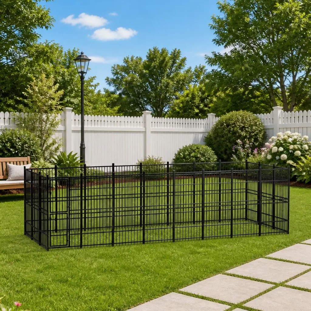 Dog Kennel Black Outdoor Steel Enclosure Exercise Run Pen 22.12 m² Play Area