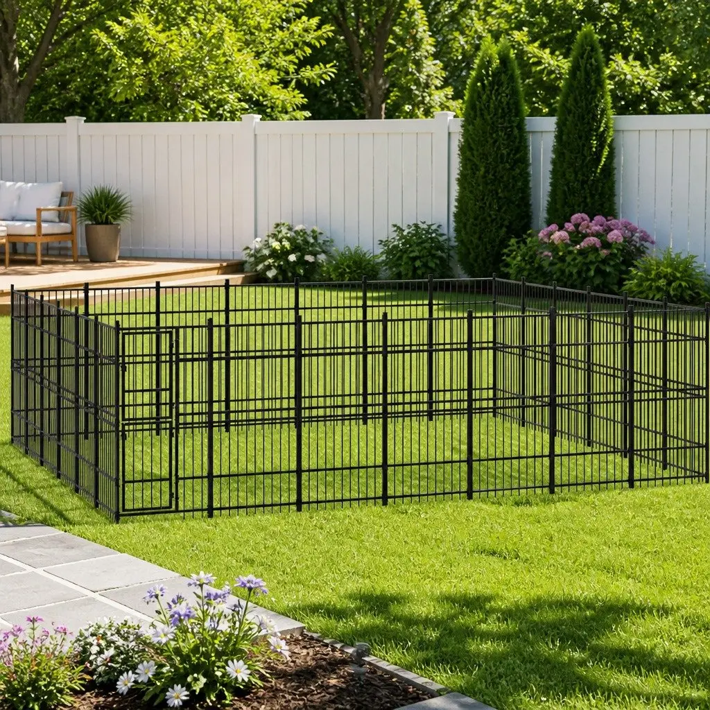 Dog Kennel Black Steel 38.71m² Outdoor Enclosure Run Cage Playpen