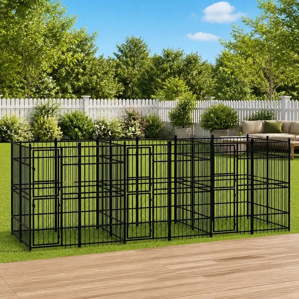 Dog Kennel Black Steel Outdoor Run Enclosure Exercise Play Pen Safe Secure