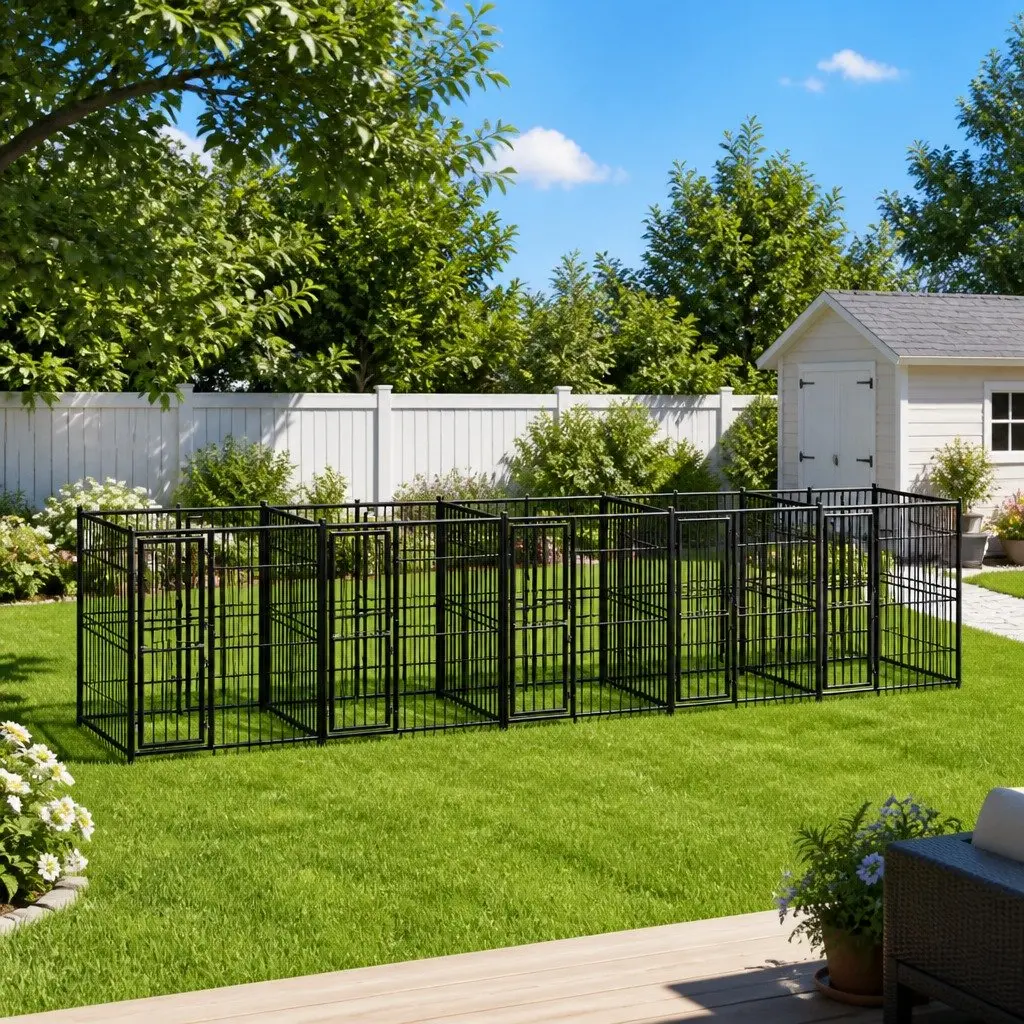 Dog Kennel Black Large Steel Outdoor Run Exercise Pen with Hinged Door Lockable