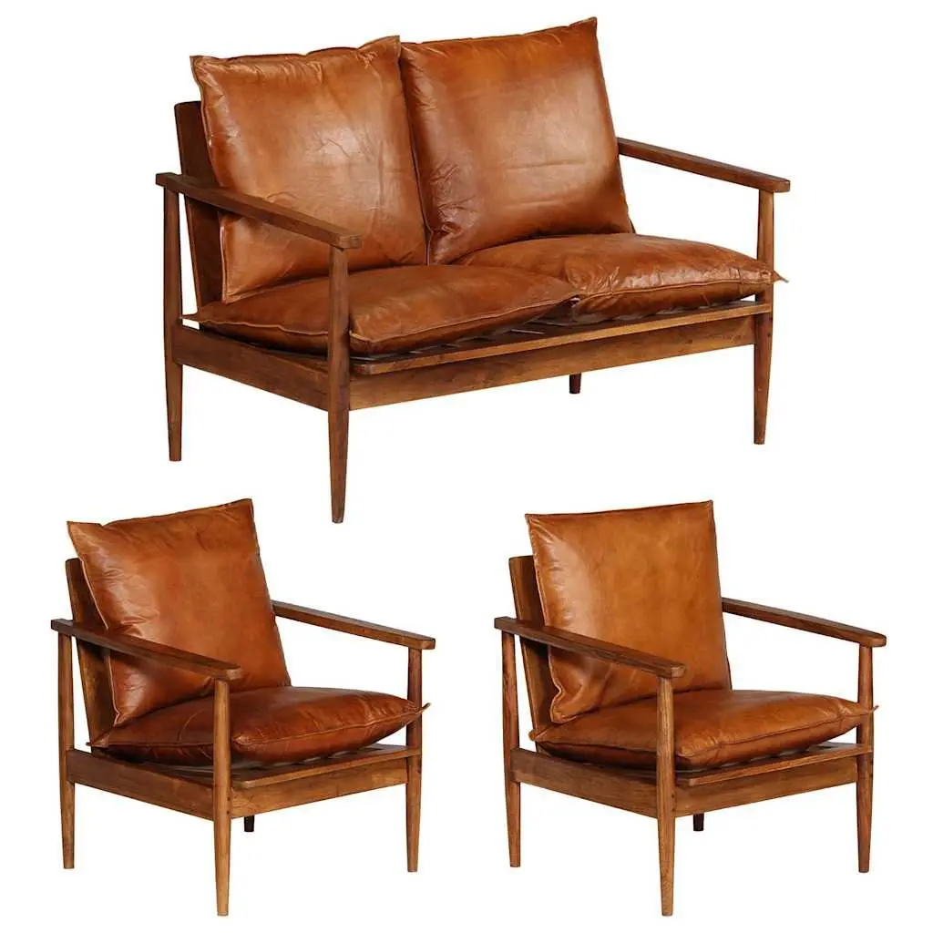 3 Piece Sofa Set Brown Solid Acacia Wood Frame Goat Leather Upholstery