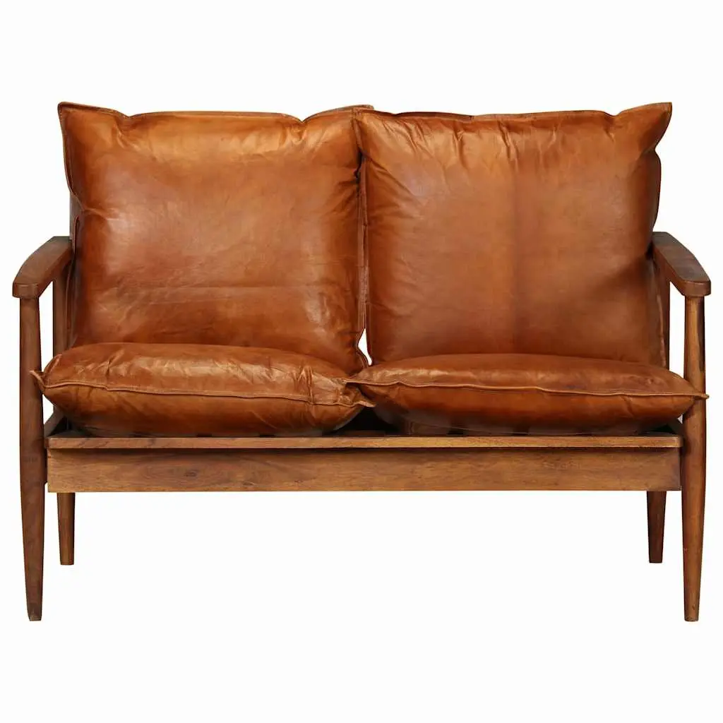 3 Piece Sofa Set Brown Solid Acacia Wood Frame Goat Leather Upholstery
