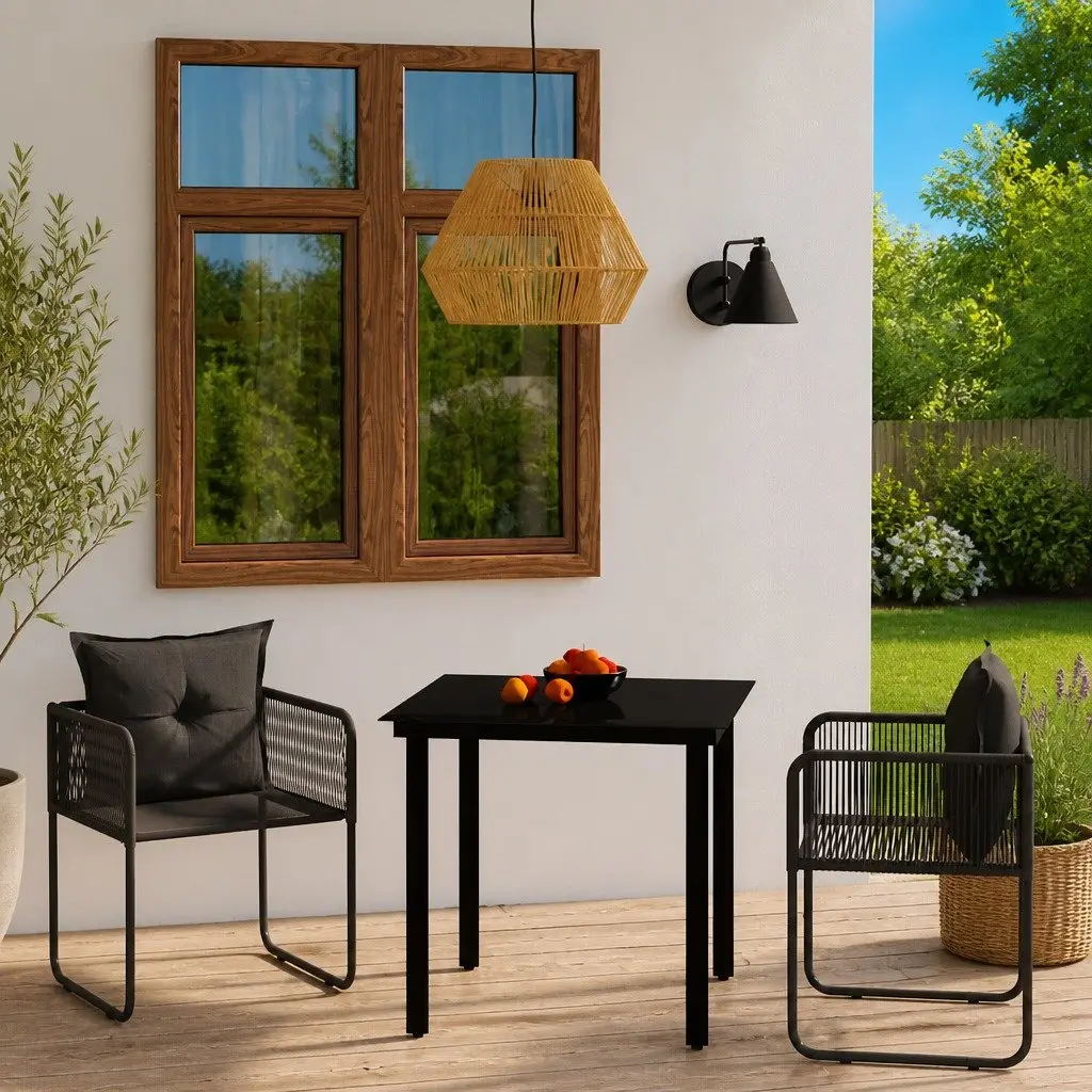 Garden Dining Set Black 3 Piece Outdoor Patio Furniture Glass Table Rattan Chairs
