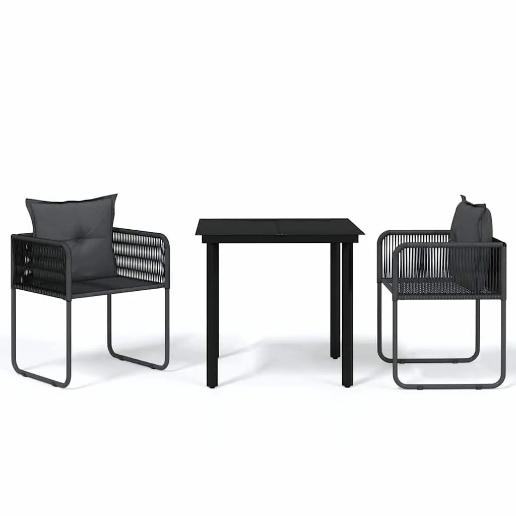 Garden Dining Set Black 3 Piece Outdoor Patio Furniture Glass Table Rattan Chairs
