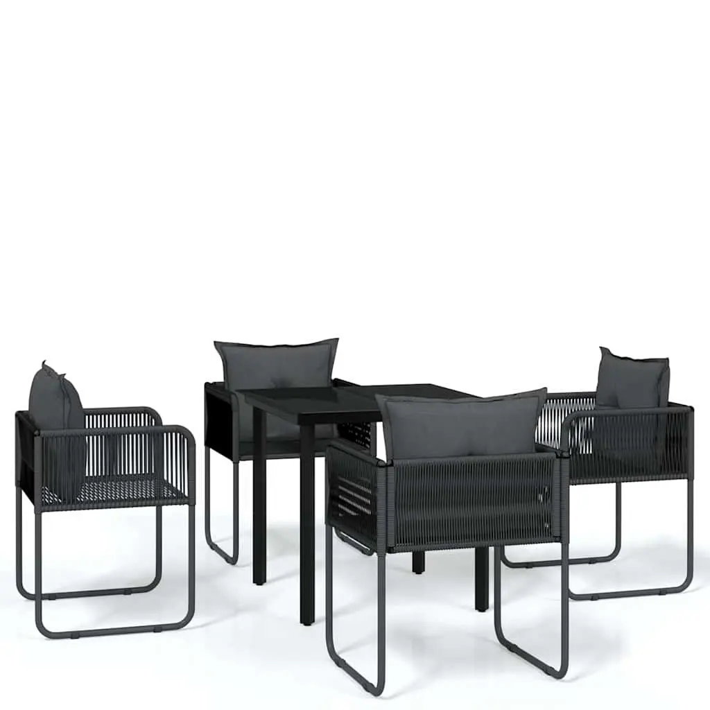 5 Piece Garden Dining Set Black Glass Table Rattan Chairs Outdoor Furniture
