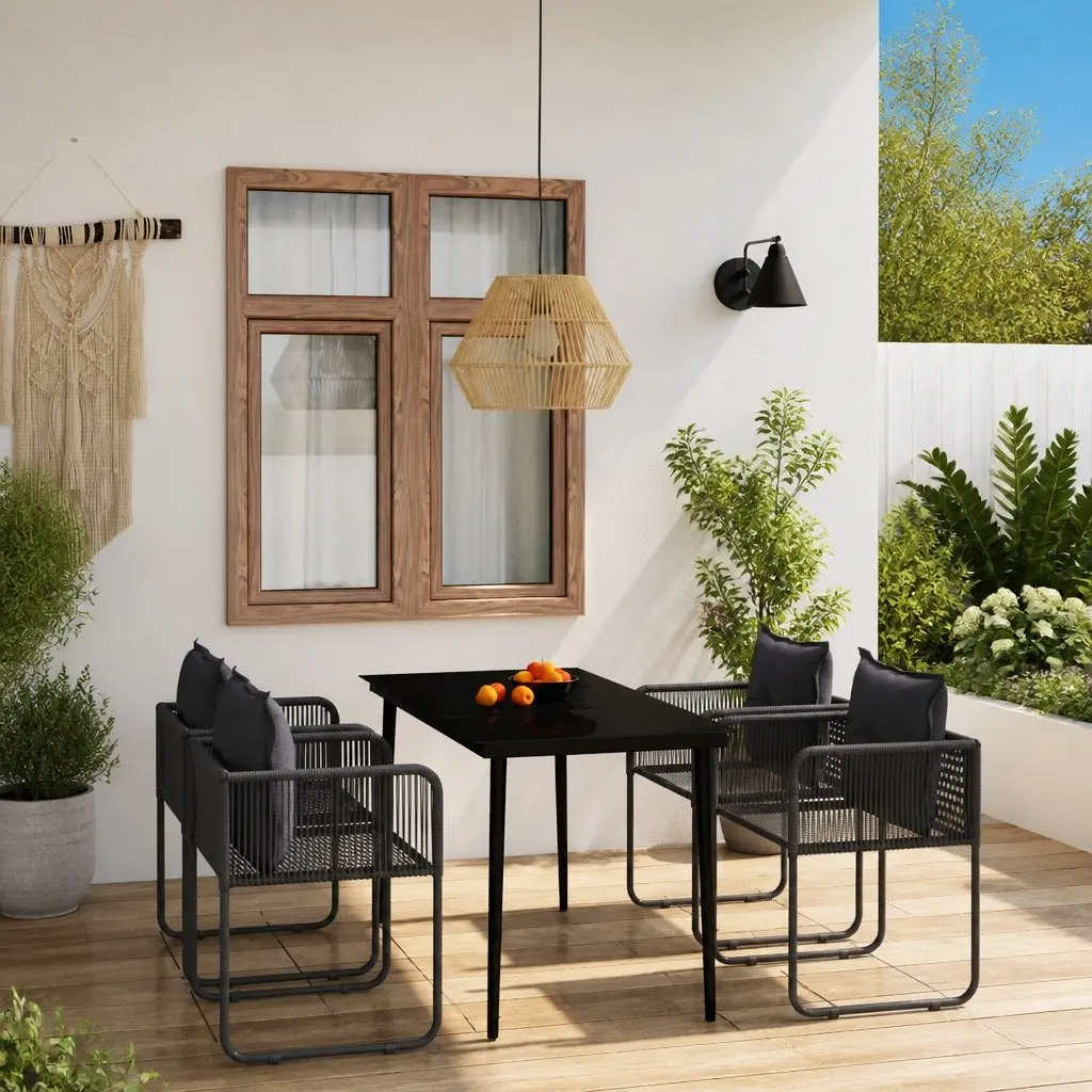 5 Piece Outdoor Dining Set Black Powder-Coated Steel Frame Table with Glass Top and PE Rattan Chairs