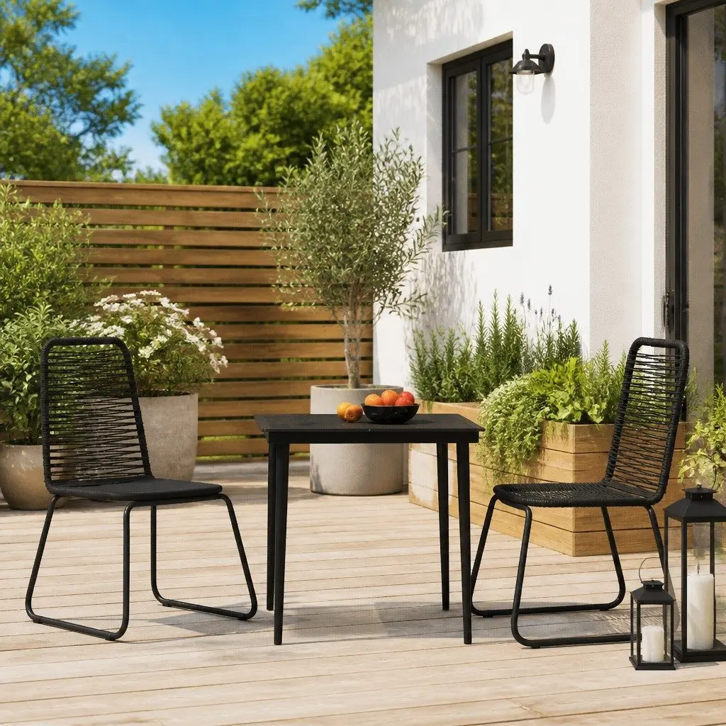 Garden Dining Set Black 3 Piece Outdoor Furniture Glass Table Rattan Chairs