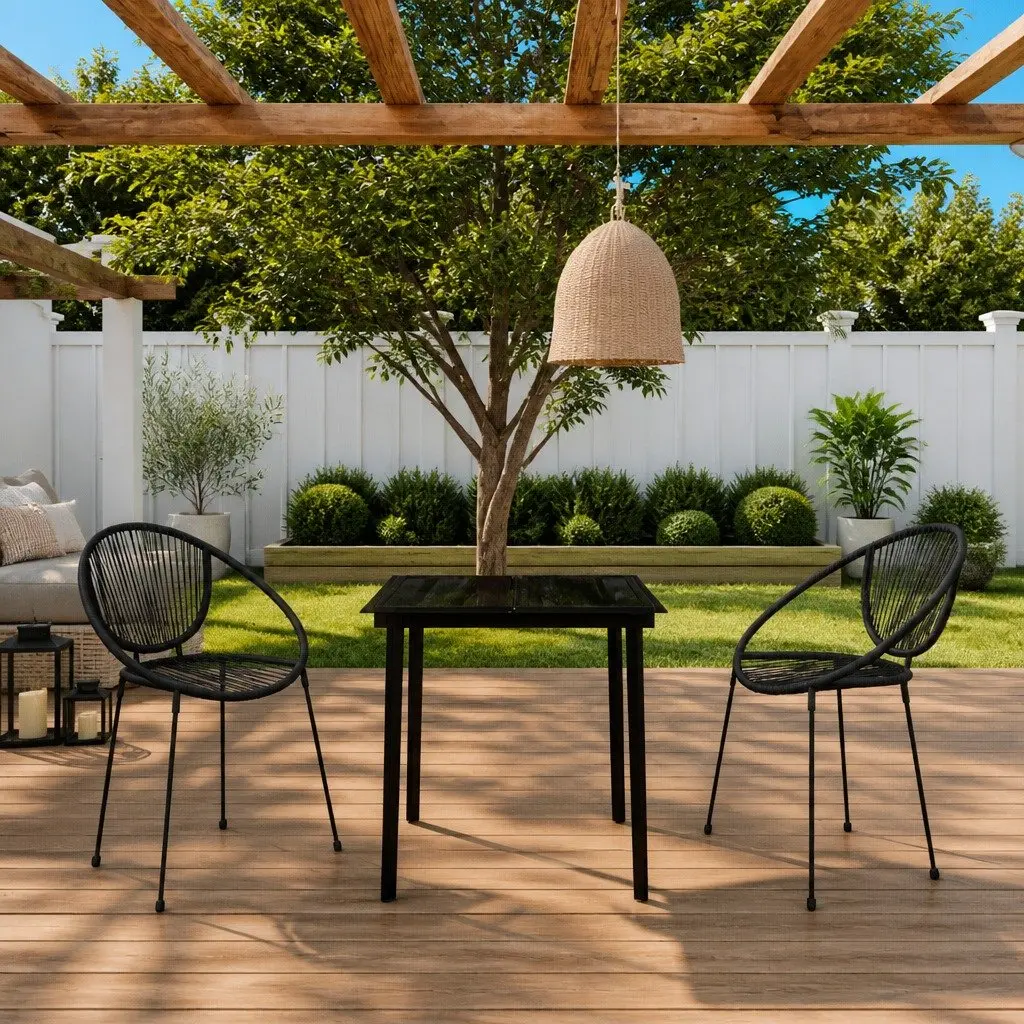 Garden Dining Set Black 3 Piece Outdoor Patio Table Chairs Glass Top Rattan