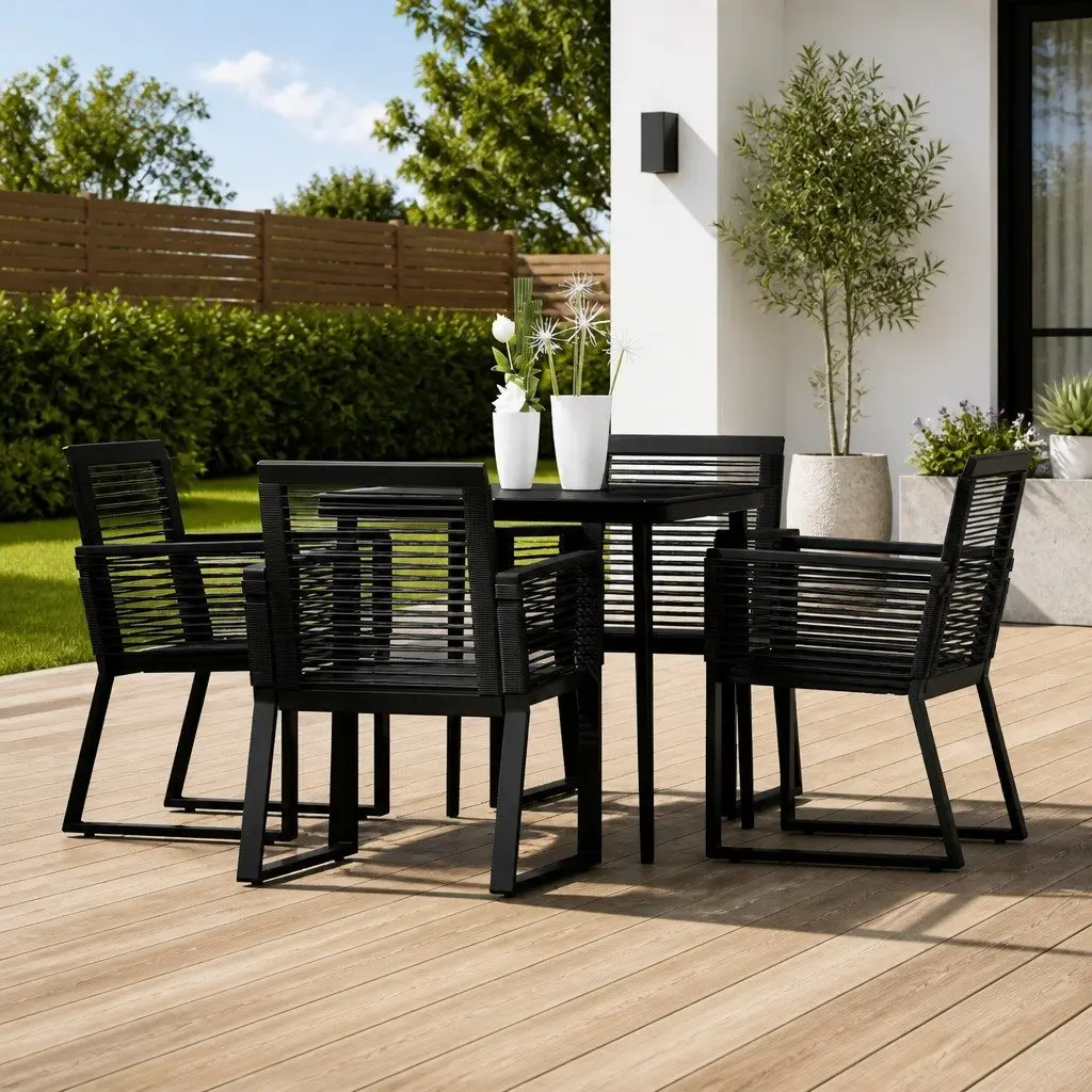 Garden Dining Set Black 5 Piece Outdoor Table and Chairs Glass Top Steel Rattan